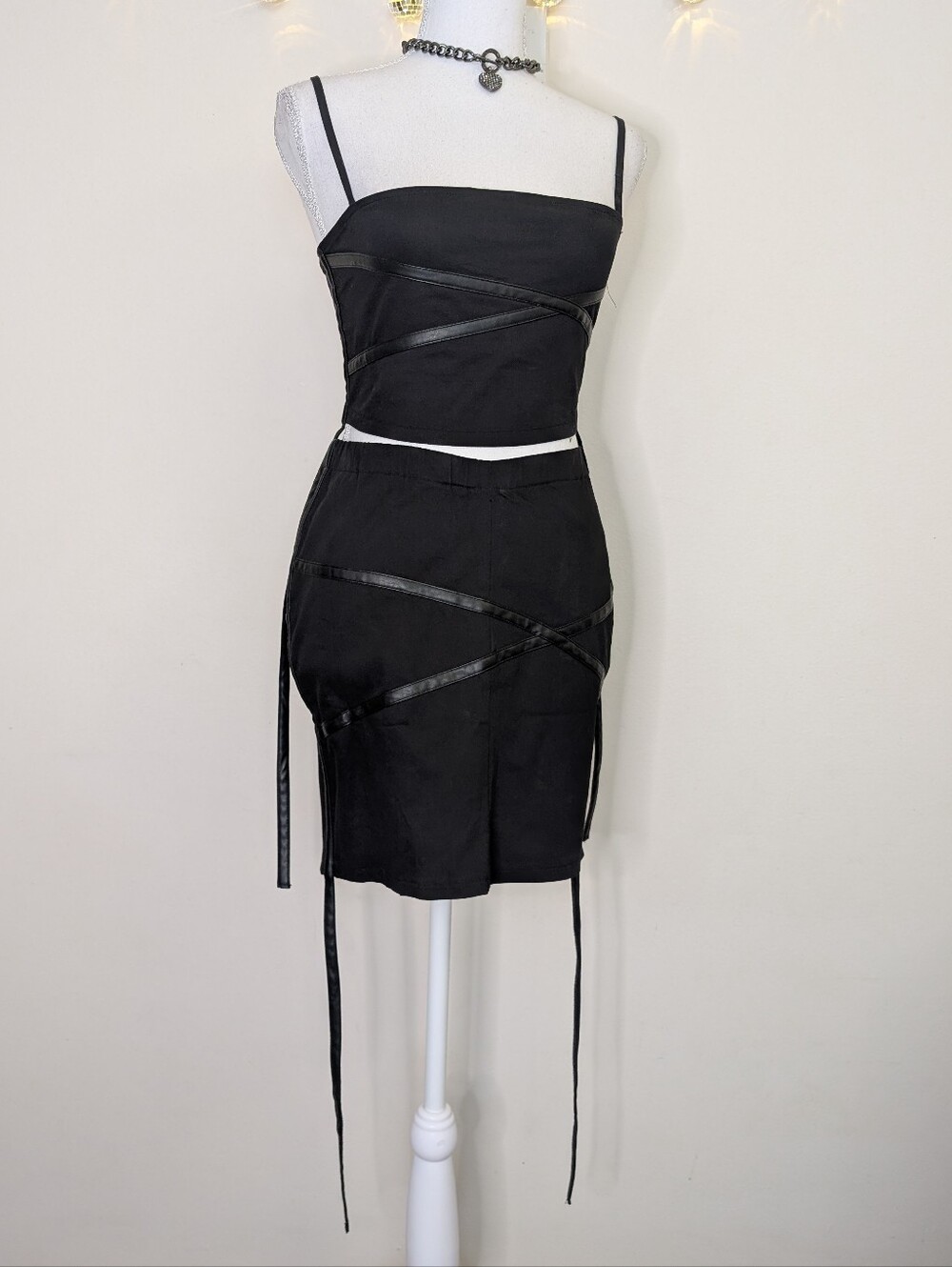 Black Strappy Skirt Set With Lace Up Top And Leather